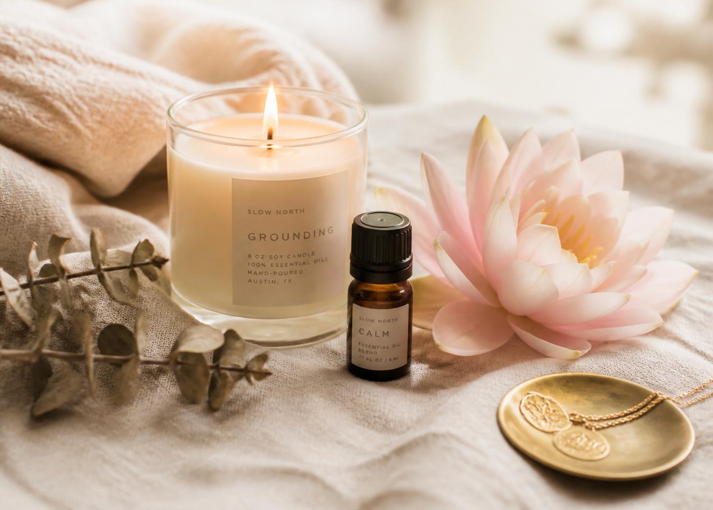 Bougie allumée, huile essentielle et fleur de lotus sur un lin crème